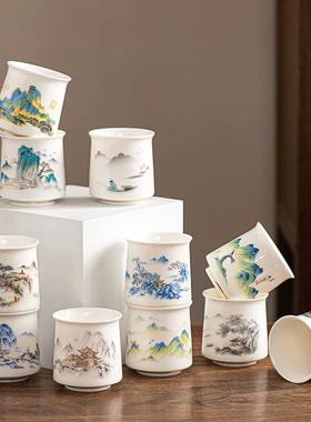 羊脂玉白瓷轻奢功夫品茗喝茶杯碗个主人单杯专用大号山水江山图