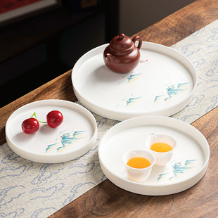 羊脂玉白瓷茶台干泡托盘国潮山水风景家用圆形茶杯收纳点心盘壶承