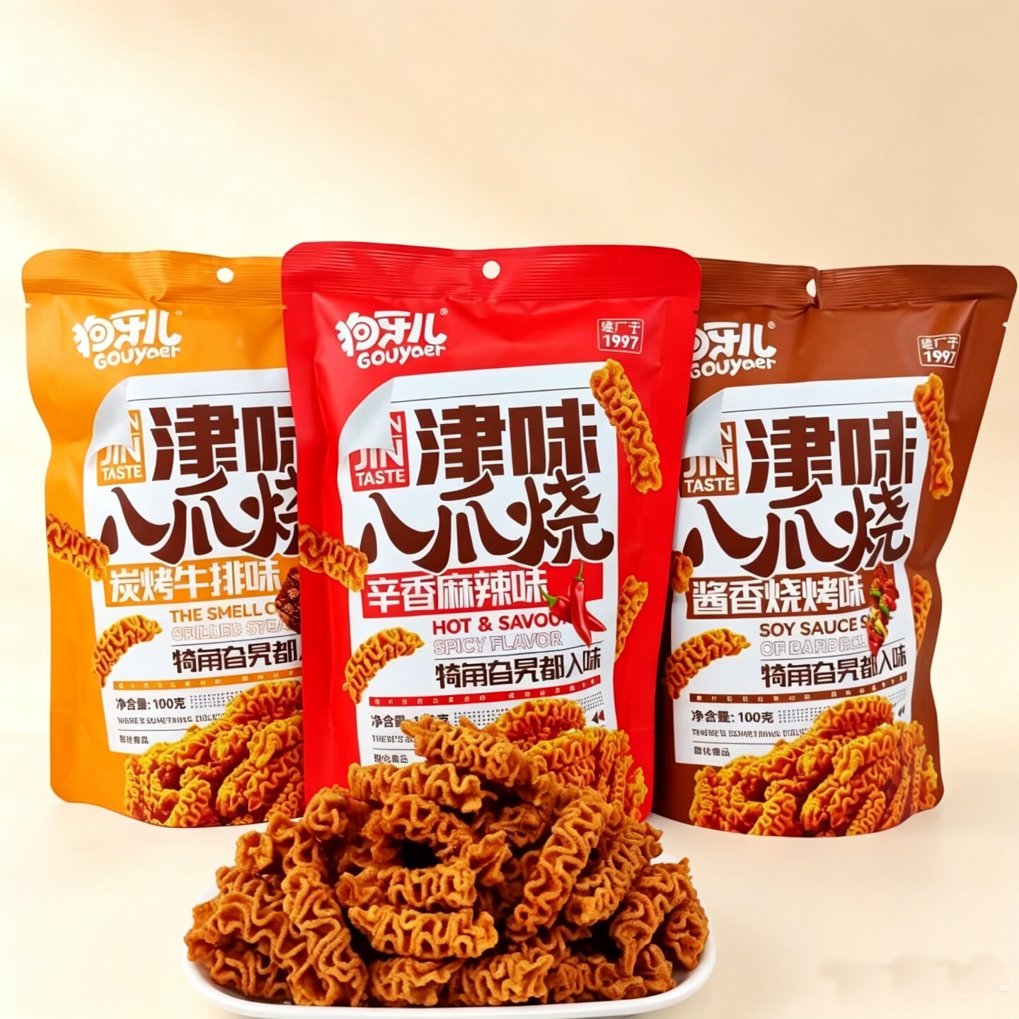 津味八爪烧麻辣牛排酱香烧烤100克狗牙儿锅巴休闲膨化追剧小零食