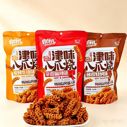 津味八爪烧麻辣牛排酱香烧烤100克狗牙儿锅巴休闲膨化追剧小零食