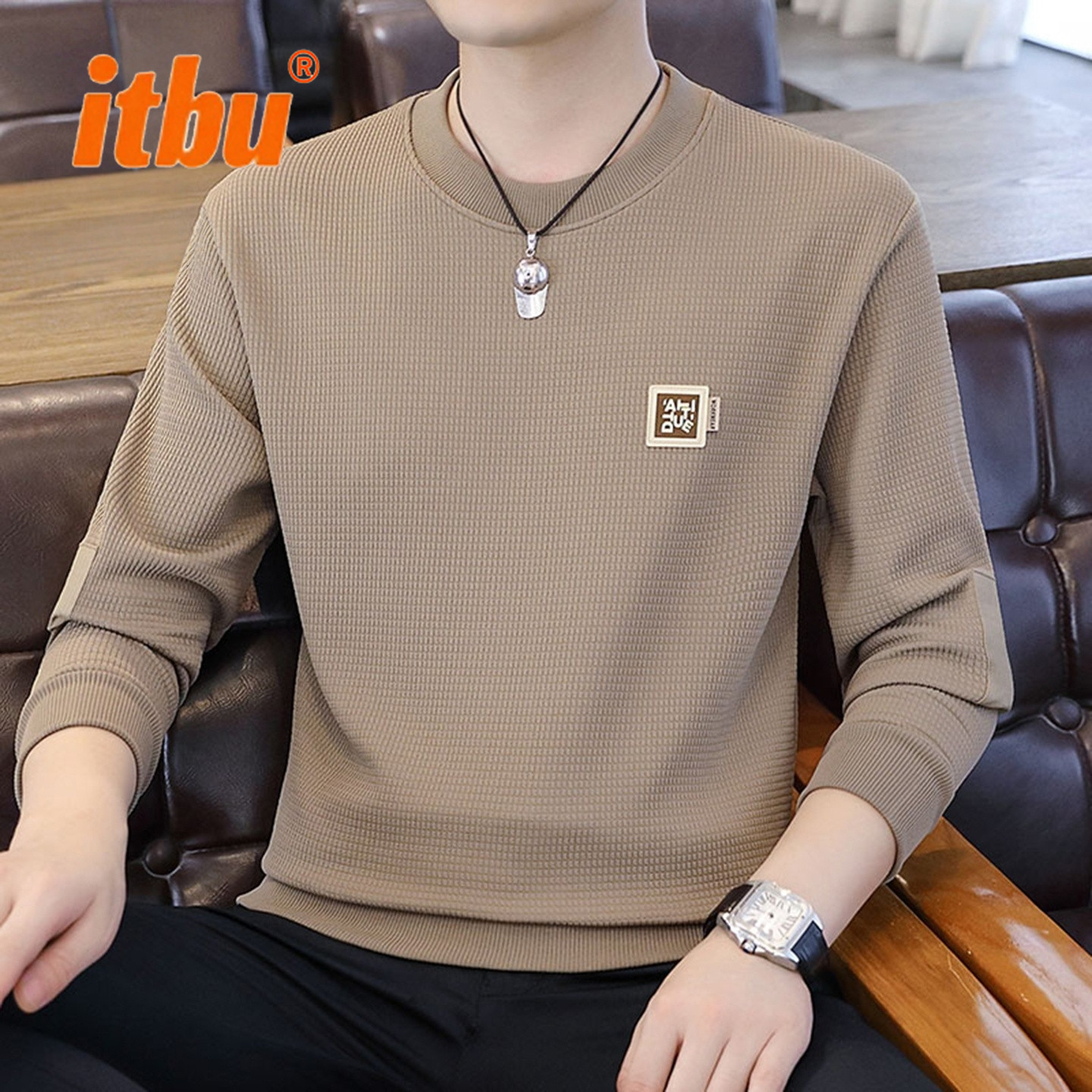 高端圆领加绒卫衣男士打底衫2025年新款春秋冬季休闲长袖T恤男款