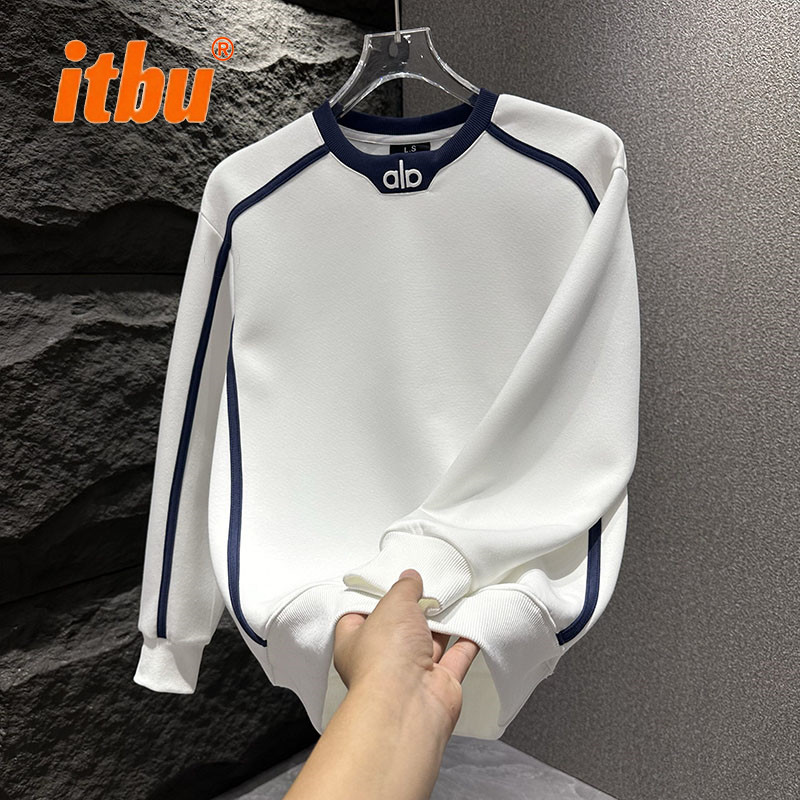 白色拼接圆领男卫衣男士2025年新款秋冬季加绒长袖T恤打底衫男款