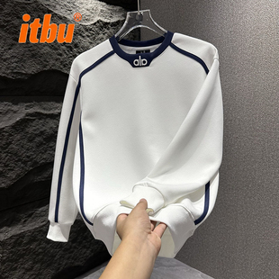 白色拼接圆领男卫衣男士2025年新款秋冬季加绒长袖T恤打底衫男款