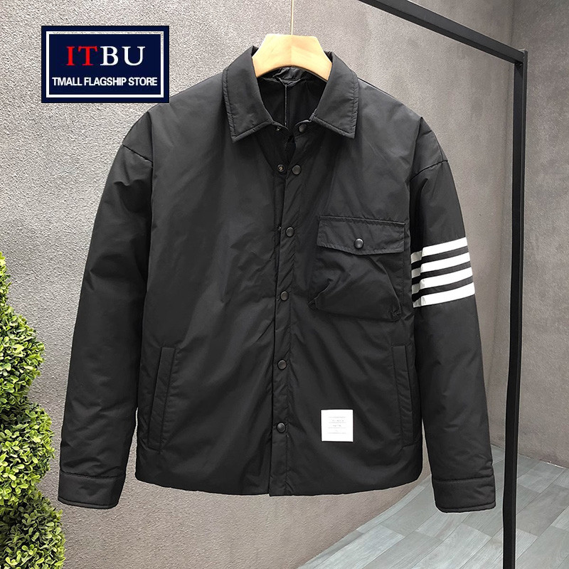 高端轻薄衬衫领羽绒服男士冬季2025新款休闲条纹保暖夹克外套男款
