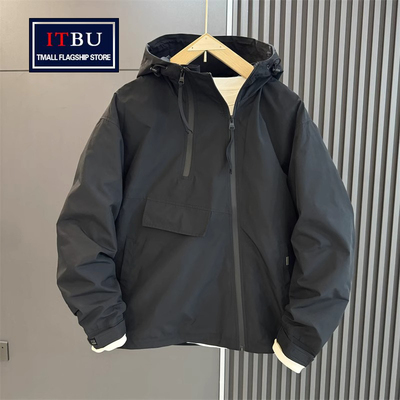 高端双拉链冲锋衣男士外套春秋冬季2025新款棉服工装连帽夹克男款