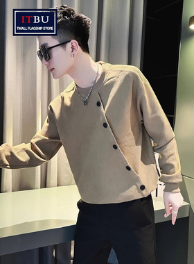 灯芯绒卫衣男士春秋冬季2025年新款高级感排扣长袖t恤打底衫男款