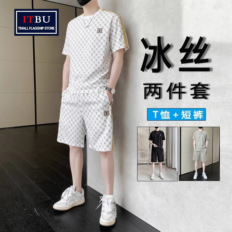高端冰丝短袖t恤套装男士2025夏季新款满印运动休闲短裤男款一套