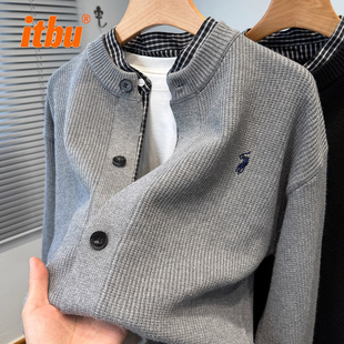 高端衬衫领假两件开衫外套男士2025新款春秋冬季保罗针织毛衣男款