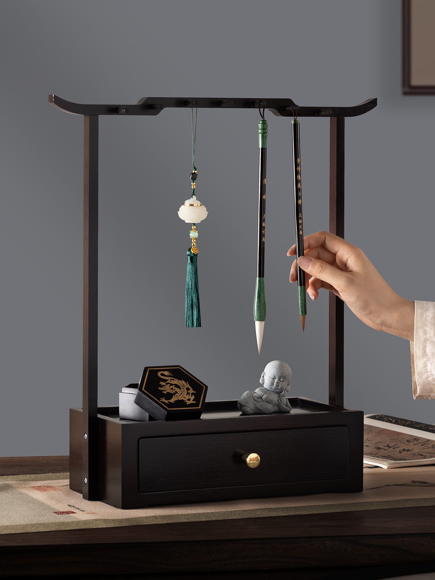 笔架毛笔架楠竹笔挂实木毛笔挂新中式多功能毛笔挂架收纳置物架文