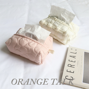 ins奶油风卧室床头餐厅抽纸盒绗棉泡芙小点餐巾纸桌面收纳几何花