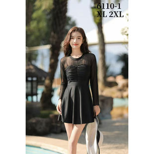 轻熟优雅风黑色长袖 连体泳衣女收腰圆领高级感