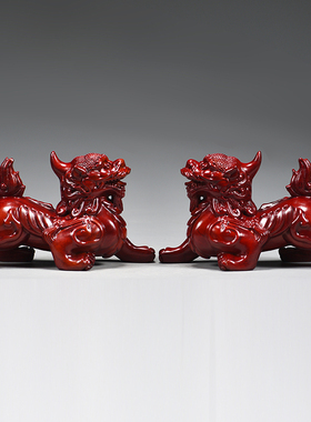 红色木雕貔貅摆件实木一对家居客厅电视柜装饰送礼工艺品创意礼品