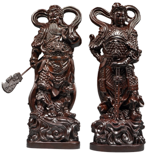 黑檀木雕伽蓝韦陀佛像摆件韦驮关公伽蓝菩萨左右护法关公寺庙佛堂