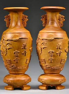 香樟木雕花开富贵花瓶摆件装饰品