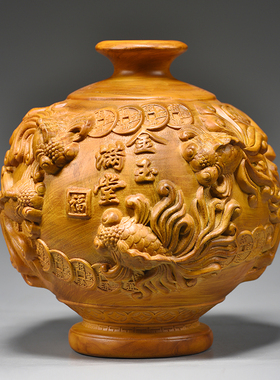 香樟木花瓶摆件实木雕刻客厅摆设