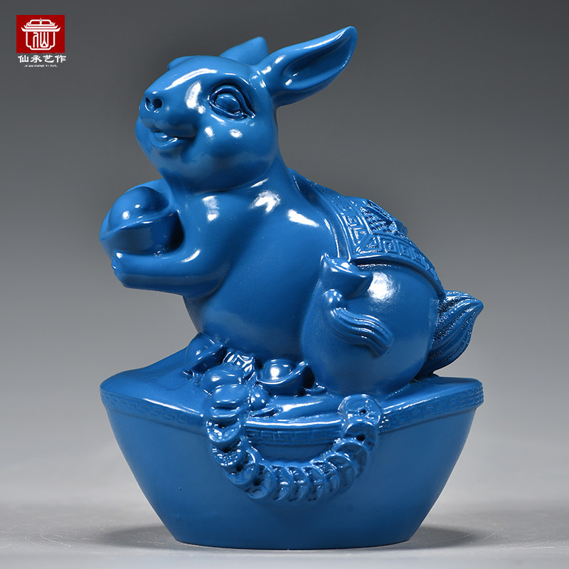蓝色实木兔子摆件木质雕刻十二生肖木头小兔吉祥物装饰木制工艺品