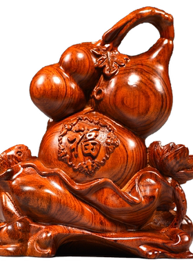 花梨木雕葫芦摆件福禄有余鱼祝寿送礼品客厅玄关电视柜中式装饰品