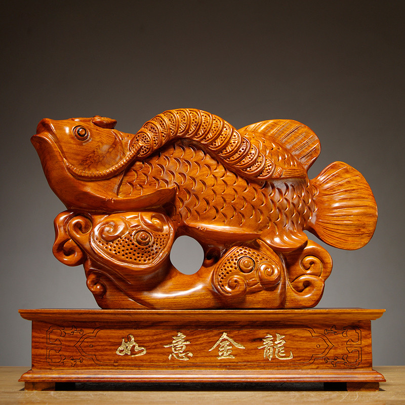 金龙鱼木雕动物摆件客厅工艺品