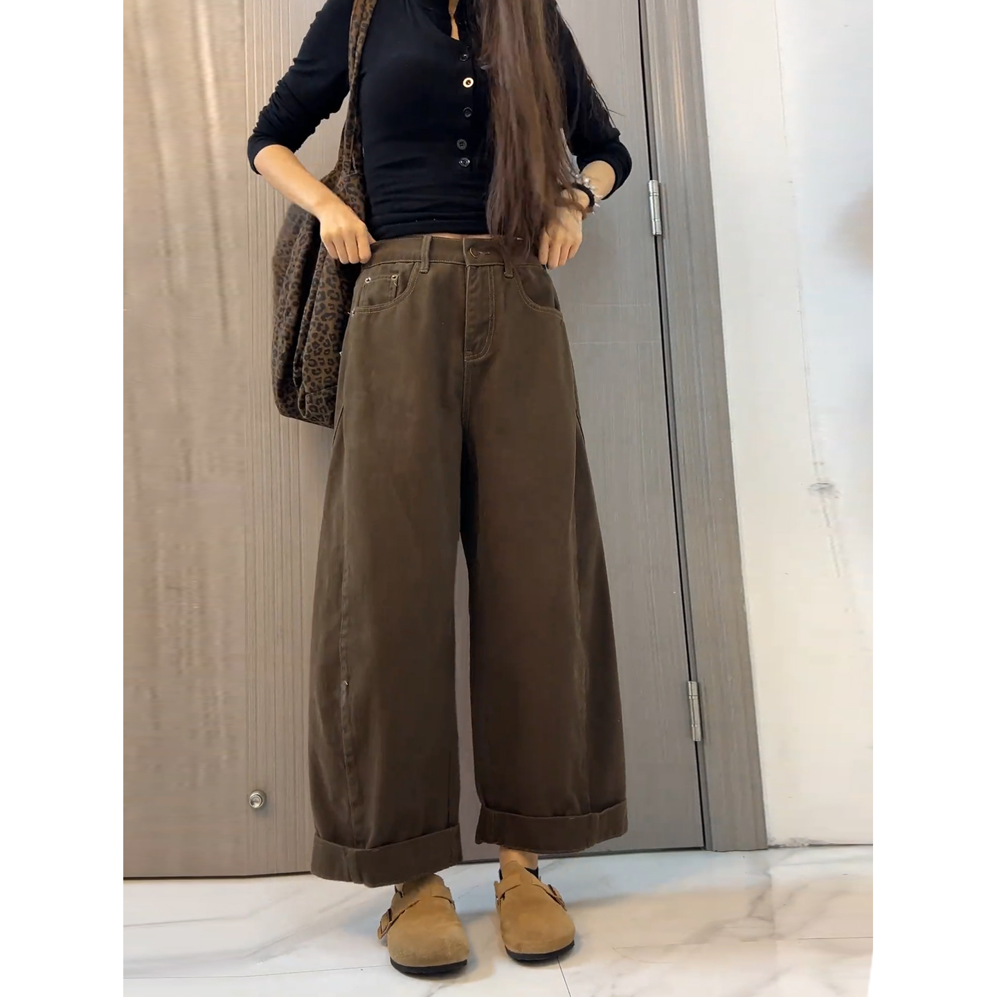 咖色阔腿牛仔裤女加绒加