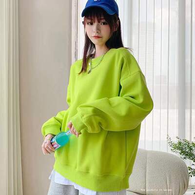 秋冬季宽松纯棉荧光绿卫衣女装