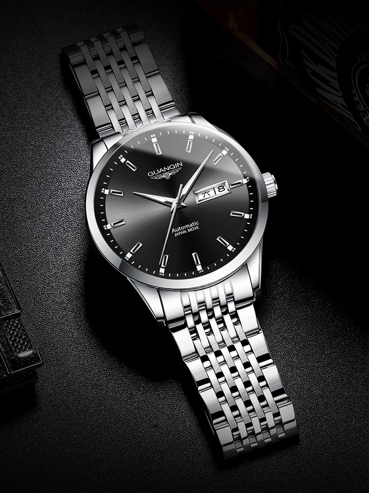 进口机芯冠琴手表男全自动机械表防水夜光商务简约镂空双日历腕表