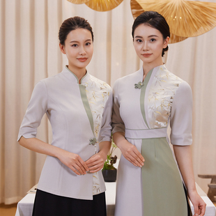 新中式餐饮茶楼火锅酒店高端会所私房菜短袖服务员工作服夏季新款