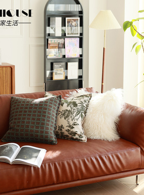 气质高品质复古奶油风客厅橘橙色皮沙发搭配墨绿色抱枕靠垫组合
