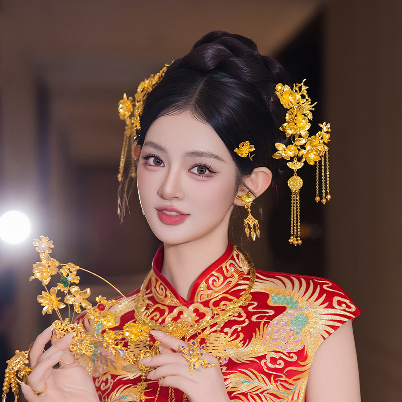 全金色新娘减龄龙凤褂结婚头饰百贵秀禾服气搭旗袍新中式流苏发饰