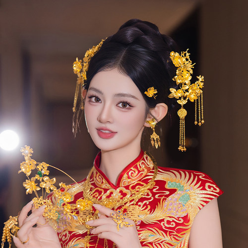 全金色新娘减龄龙凤褂结婚头饰百贵秀禾服气搭旗袍新中式流苏发饰