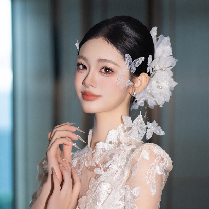 唯美新娘娟纱白色小蝴蝶发饰超仙森系梦幻蕾丝珍珠流苏礼服跟妆女