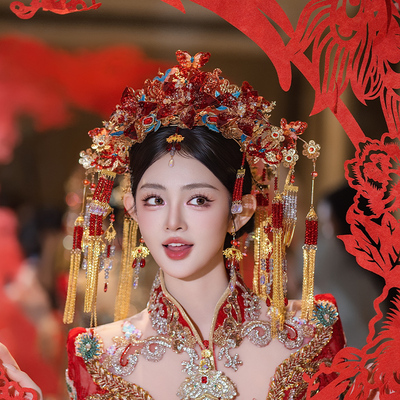 中式新娘奢华大气汉服重工凤冠婚礼宫廷红金色流苏国风秀禾服发饰