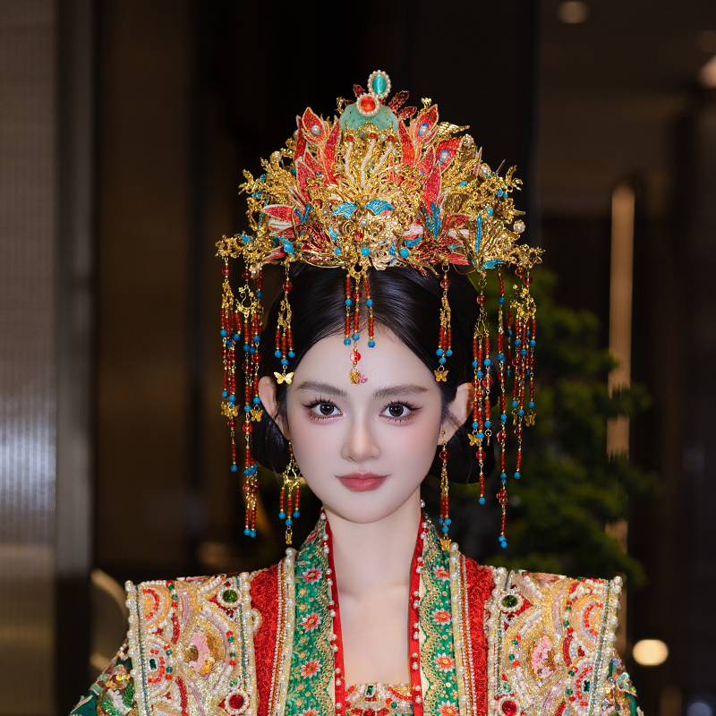 奢华新娘中式古风大凤冠重工传统汉服婚礼凤冠霞帔红蓝流苏头饰品