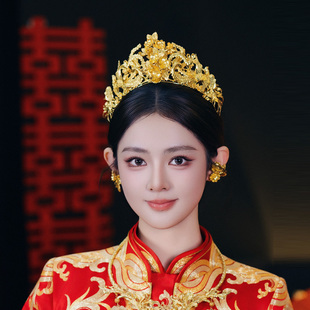 新款新娘头饰花朵发冠简约龙凤褂旗袍后区全金色凤凰流苏发簪发饰