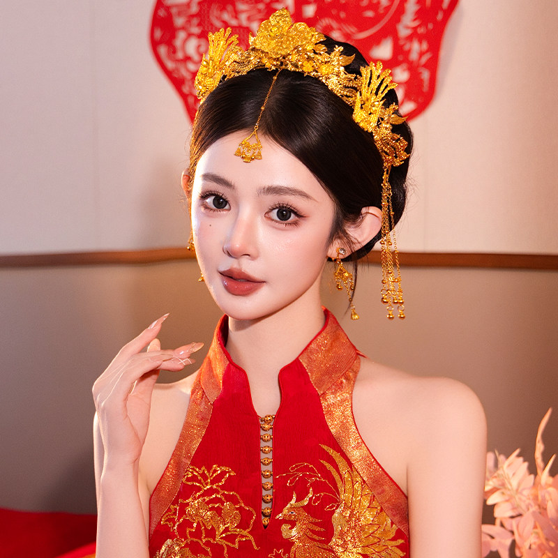 新娘百搭凤冠龙凤褂全金色精致大气凤凰流苏旗袍秀禾服减龄头饰女图片