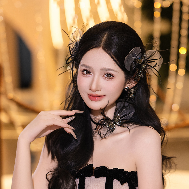 新娘高级感原创头饰跟妆造型甜酷法式黑色羽毛个性颈链耳饰套装女