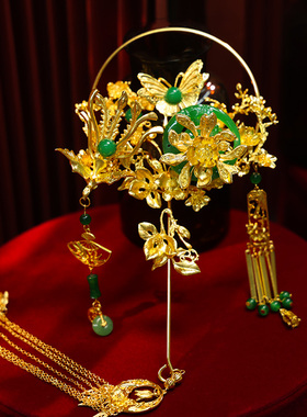 新娘新中式婚礼配饰贵气感汉服龙凤褂金绿色凤凰蝴蝶流苏团扇配饰