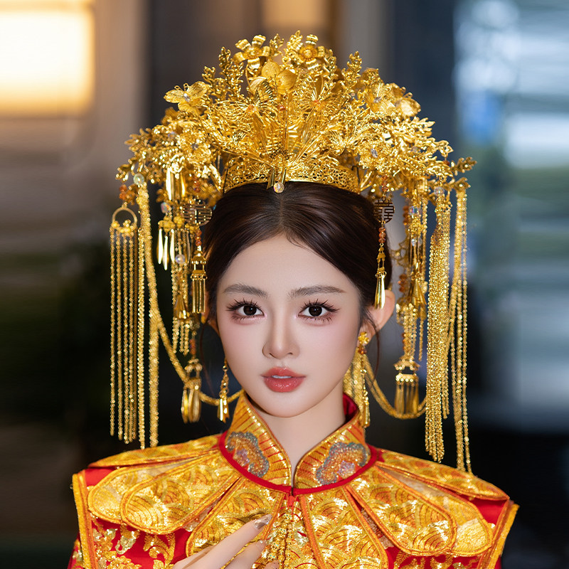 新娘发饰古风金色重工大凤冠饱满长流苏龙凤褂古典婚礼中式发饰品