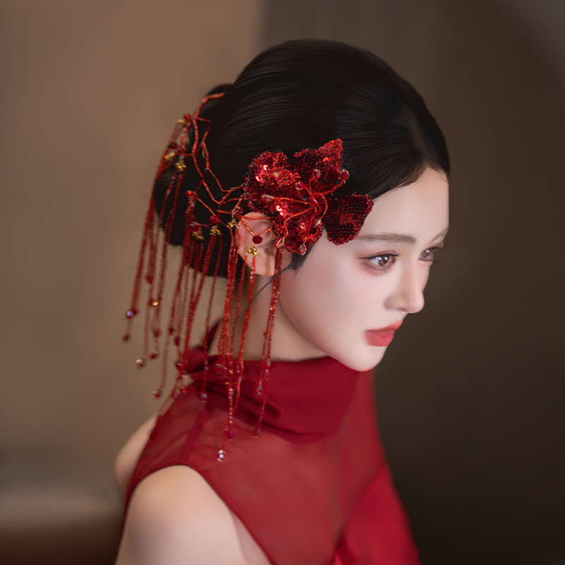 复古新娘设计感流苏头饰新中式红色花朵精致侧边重工国风旗袍配饰