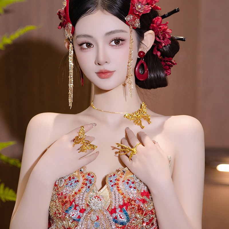 新中式项链戒指套装金色蝴蝶凤凰结婚龙凤褂新娘古风配饰实用首饰