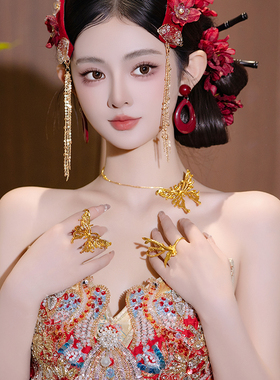 新中式项链戒指套装金色蝴蝶凤凰结婚龙凤褂新娘古风配饰实用首饰