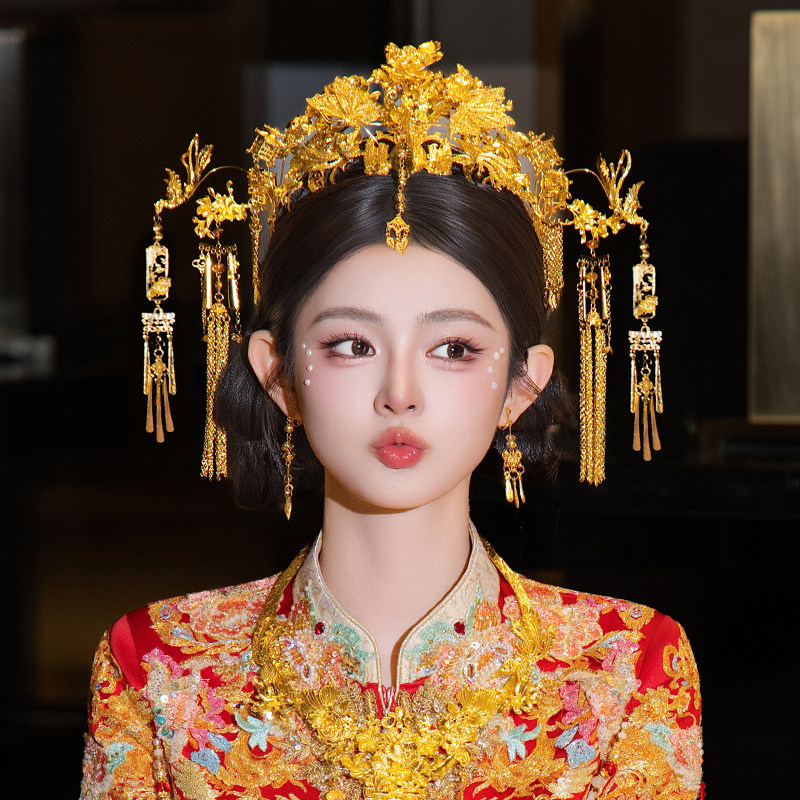 中式全金色新娘发饰高级感流苏眉心坠婚礼龙凤褂贵气凤冠头饰套装