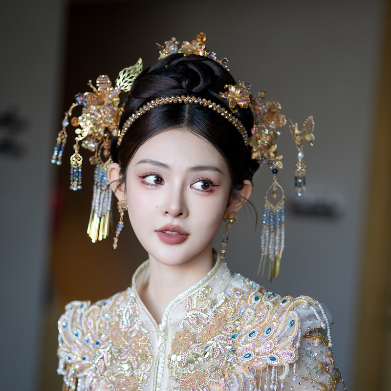 中式新娘头饰古装蝴蝶流苏发簪结婚古风橘色系花朵发箍秀禾发饰品