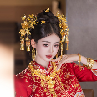 中式新娘结婚头饰金色发簪精致流苏减龄秀禾晨袍龙凤褂古风发饰品