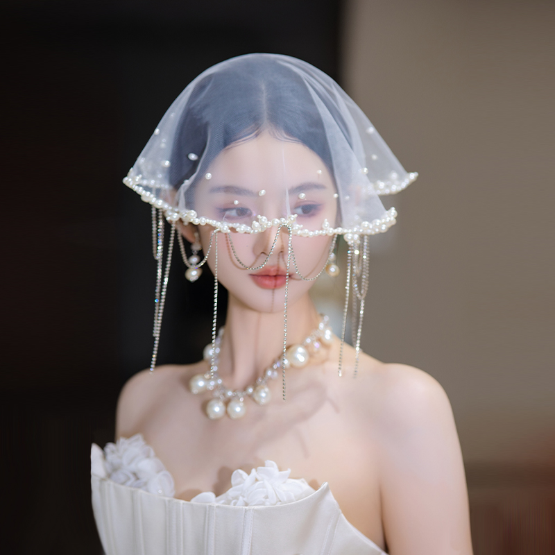 法式新娘小众珍珠流苏小头纱高级感轻奢气质遮面氛围婚纱礼服头饰