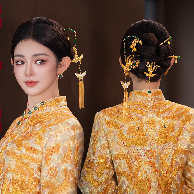 2025中式头饰简约古风发簪新款金色新订婚结婚龙凤褂秀禾旗袍发饰