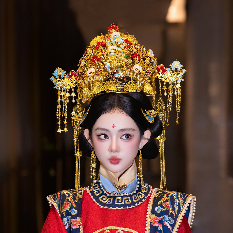 新娘奢华金色高端大凤冠头饰流苏景泰蓝中式古典造型汉服婚礼发饰