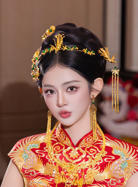 复古金绿色新娘秀禾服头饰发簪婚礼简约古装龙凤褂中式跟妆配饰品