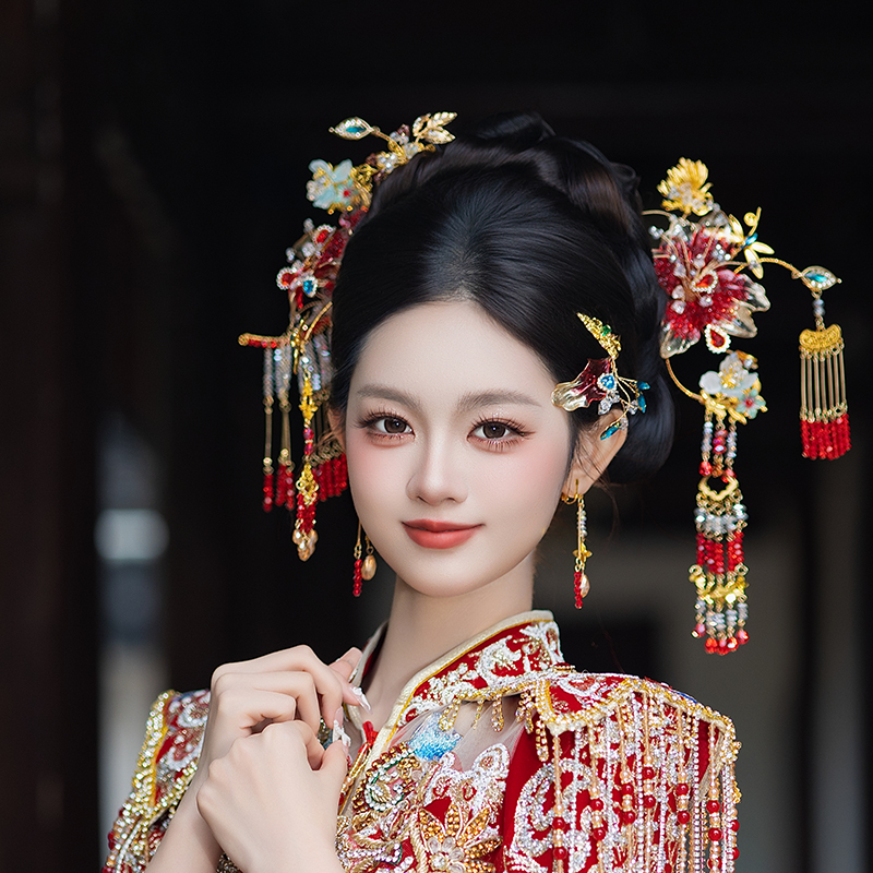 中式新娘金红色秀禾手工百搭头饰古风步摇龙凤褂汉服新款结婚发饰