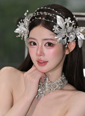 新款高级感新娘发饰银灰色羽毛凝珠串珠仙气减龄婚纱时尚婚礼配饰