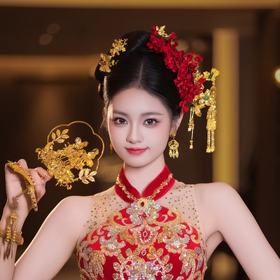 新中式复古红色花朵新娘精致发夹古风金色喜字流苏发簪套装发饰品